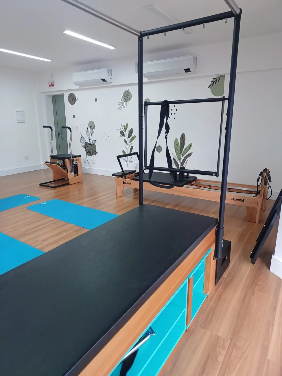 Sala do LE Pilates Studio com cadillac, reformer e chair, piso de madeira e parede decorada com folhagens